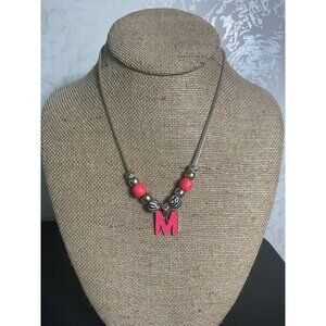 Red & Silver Necklace With "M" Pendant On Adjustable Chain